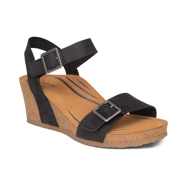 Aetrex Women's Lexa Quarter Strap Wedge Sandals Black Sandals UK 1262-846